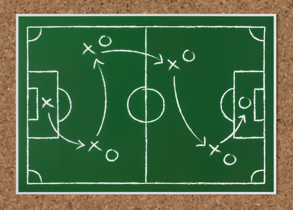 Drawing of a soccer field and play strategy